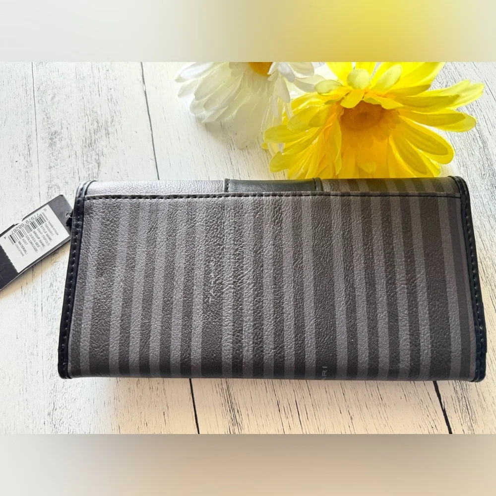 NWT Tahari Black Gray Stripe Tri-Fold Snap Wallet